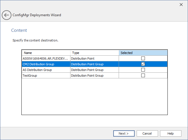 ConfigMgr Deployments Wizard / Content Panel