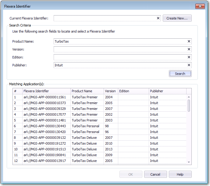 Flexera Identifier Dialog Box / After Search