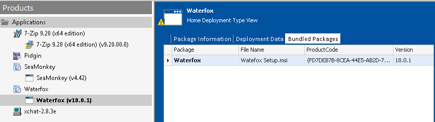 Bundled Packages Tab of Home Deployment Type View