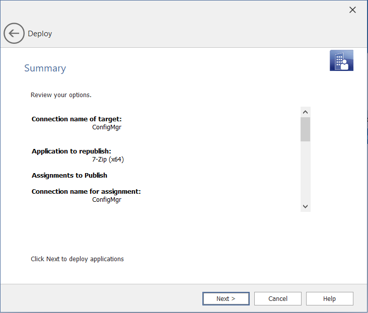 Deploy Wizard / Summary Panel