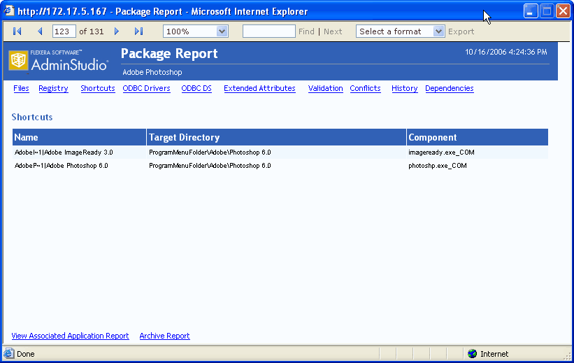 Package Report / Shortcuts View